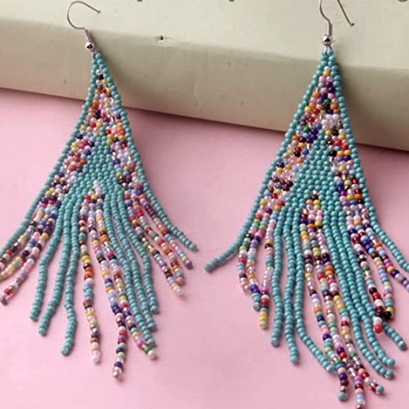 Long 5" Multicolor Turquoise Stripe Handmade Beaded Oversized Bohemian Earrings - Picture 2 of 3